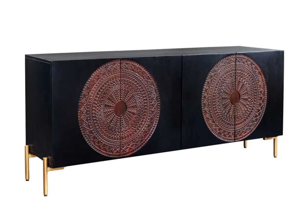 Riess-Ambiente Mehr...|Goldene Möbel > Massives Sideboard MANDALA 160cm Mangoholz schwarz mit 3D Schnitzereien goldene Füße