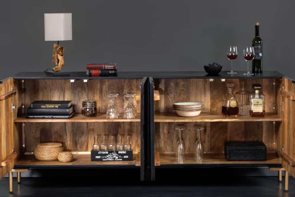 Riess-Ambiente Mehr...|Goldene Möbel > Massives Sideboard MANDALA 160cm Mangoholz schwarz mit 3D Schnitzereien goldene Füße