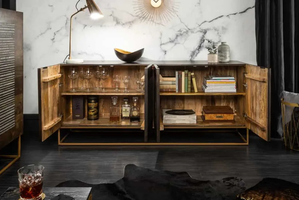 Riess-Ambiente Mehr...|Industrial Loft > Massives Sideboard ONYX 180cm dunkelbraun Mangoholz Edelstein Achat gold Metallgestell