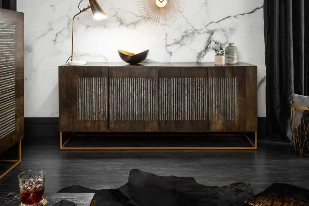 Riess-Ambiente Mehr...|Industrial Loft > Massives Sideboard ONYX 180cm dunkelbraun Mangoholz Edelstein Achat gold Metallgestell