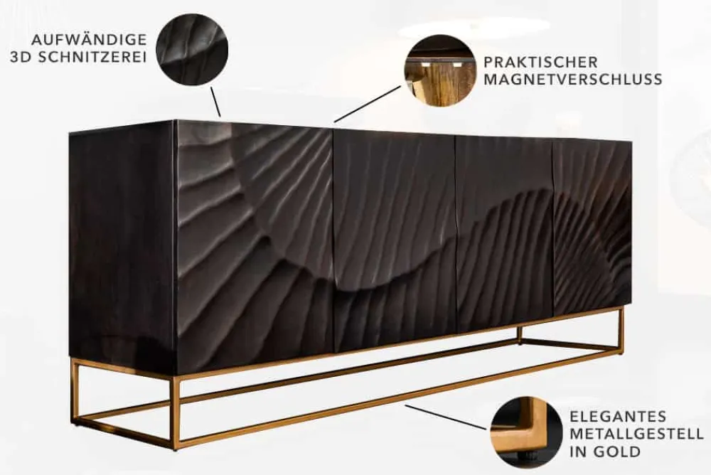 Riess-Ambiente Mehr...|Goldene Möbel > Massives Sideboard SCORPION 180cm schwarz Mangoholz aufwendige 3D Schnitzereien