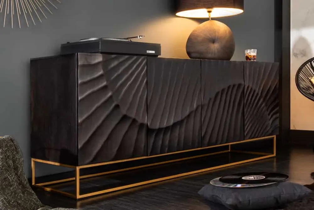 Riess-Ambiente Mehr...|Goldene Möbel > Massives Sideboard SCORPION 180cm schwarz Mangoholz aufwendige 3D Schnitzereien