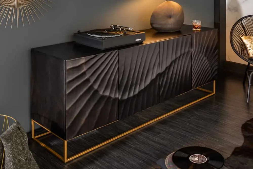 Riess-Ambiente Mehr...|Goldene Möbel > Massives Sideboard SCORPION 180cm schwarz Mangoholz aufwendige 3D Schnitzereien