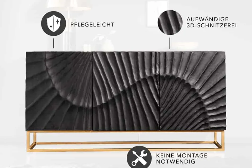 Riess-Ambiente Mehr...|Goldene Möbel > Massives Sideboard SCORPION 140cm schwarz Mangoholz aufwendige 3D Schnitzereien