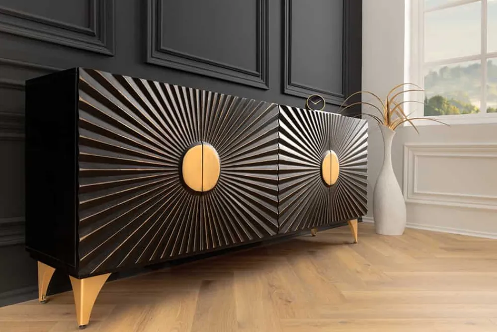 Riess-Ambiente Mehr...|Massivholzschränke > Massives Sideboard SOLARIS 180cm schwarz gold Mangoholz 3D-Design