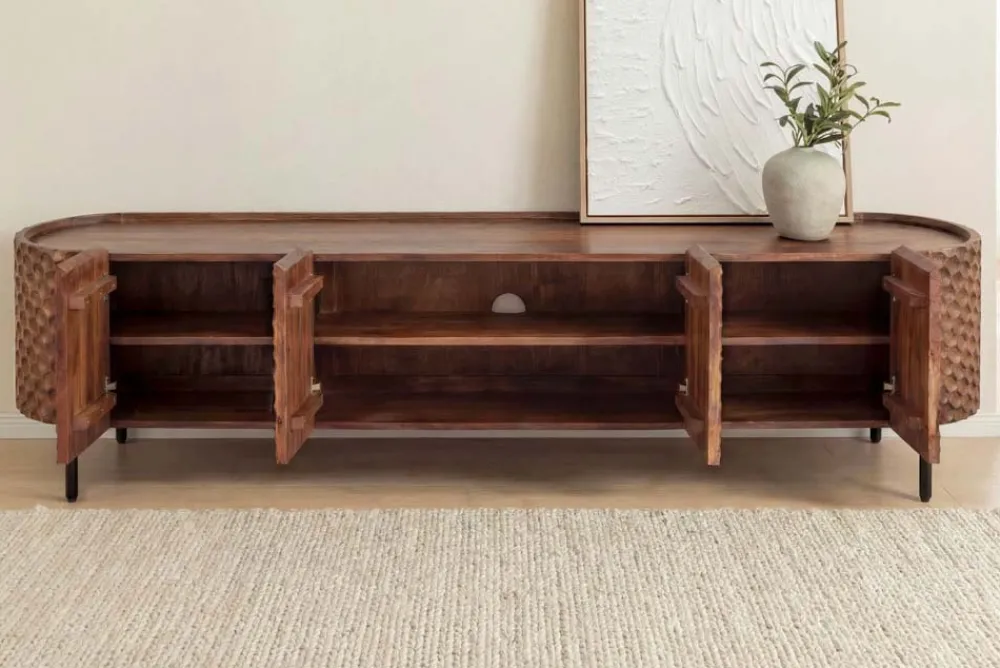 Riess-Ambiente Retro Möbel|Tv- & Lowboards > Massives TV-Board ADLON 200cm braun Mangoholz schwarz Metall Lowboard mit 3D- Front
