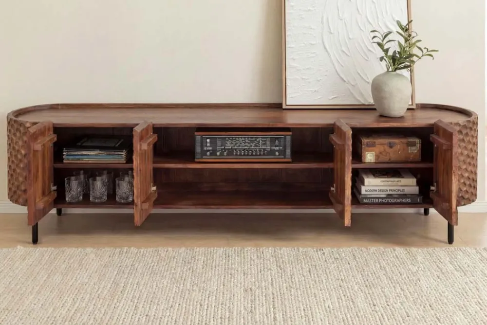 Riess-Ambiente Retro Möbel|Tv- & Lowboards > Massives TV-Board ADLON 200cm braun Mangoholz schwarz Metall Lowboard mit 3D- Front