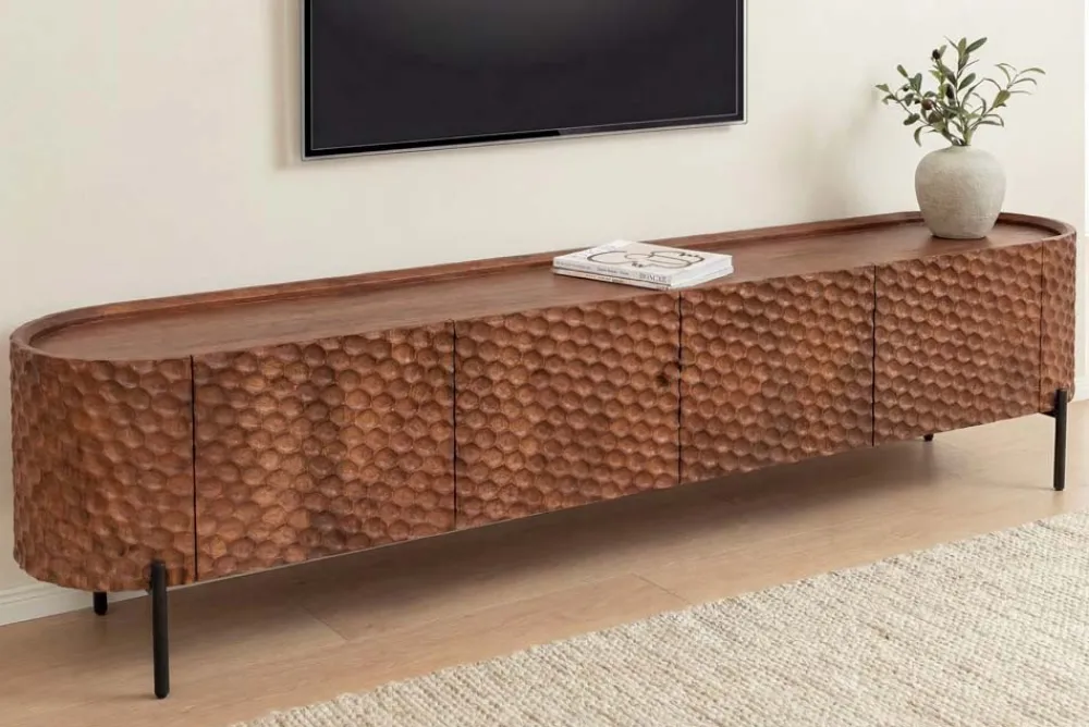 Riess-Ambiente Retro Möbel|Tv- & Lowboards > Massives TV-Board ADLON 200cm braun Mangoholz schwarz Metall Lowboard mit 3D- Front
