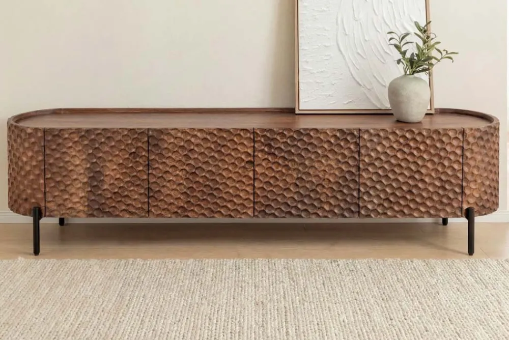 Riess-Ambiente Retro Möbel|Tv- & Lowboards > Massives TV-Board ADLON 200cm braun Mangoholz schwarz Metall Lowboard mit 3D- Front