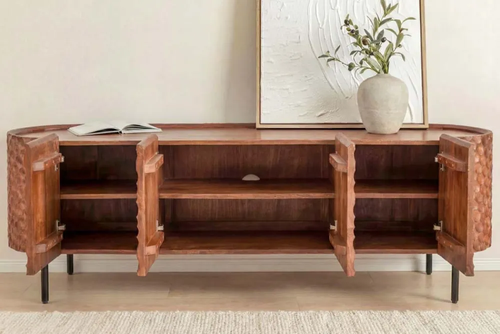 Riess-Ambiente Retro Möbel|Tv- & Lowboards > Massives TV-Board ADLON 160cm braun Mangoholz schwarz Metall Lowboard mit 3D- Front