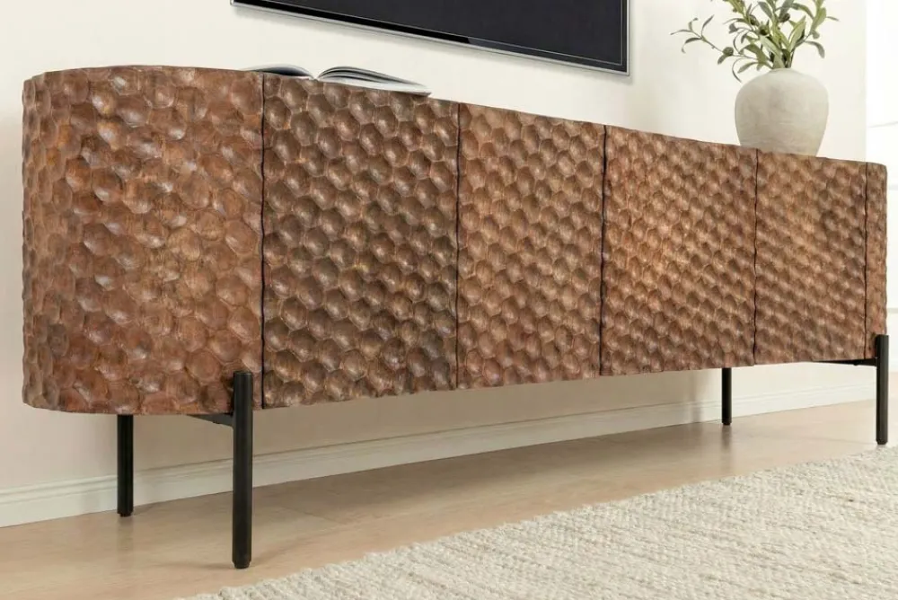 Riess-Ambiente Retro Möbel|Tv- & Lowboards > Massives TV-Board ADLON 160cm braun Mangoholz schwarz Metall Lowboard mit 3D- Front