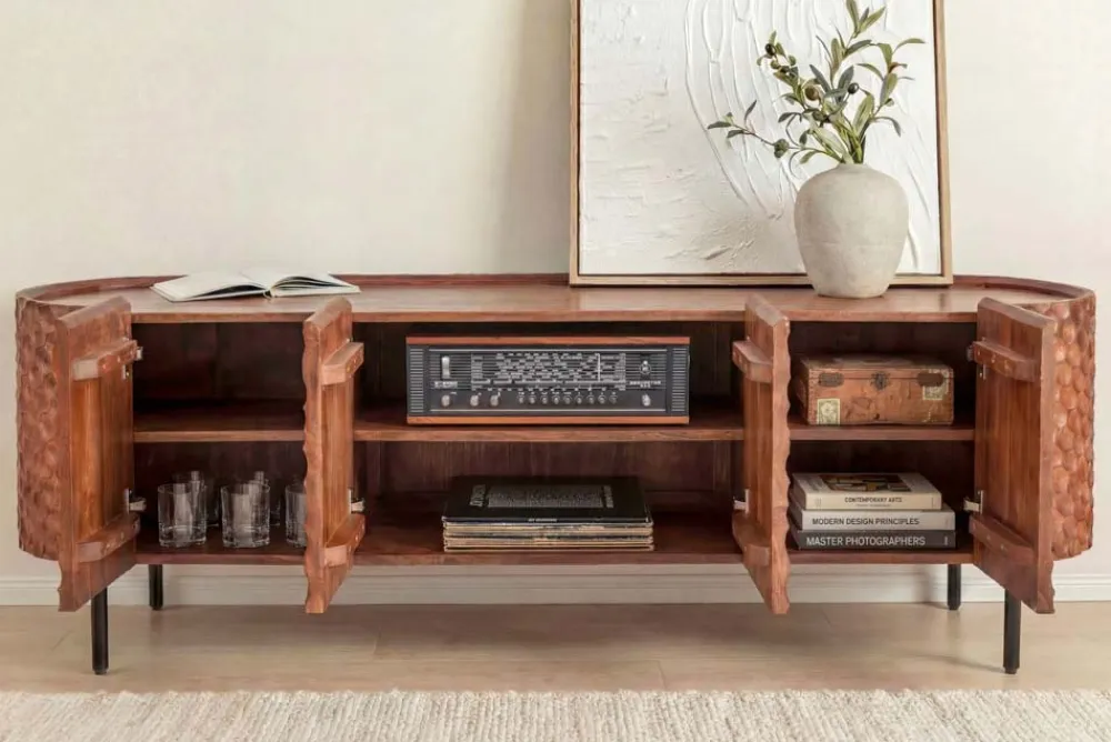 Riess-Ambiente Retro Möbel|Tv- & Lowboards > Massives TV-Board ADLON 160cm braun Mangoholz schwarz Metall Lowboard mit 3D- Front