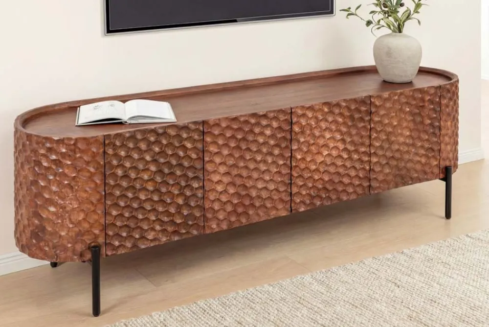 Riess-Ambiente Retro Möbel|Tv- & Lowboards > Massives TV-Board ADLON 160cm braun Mangoholz schwarz Metall Lowboard mit 3D- Front