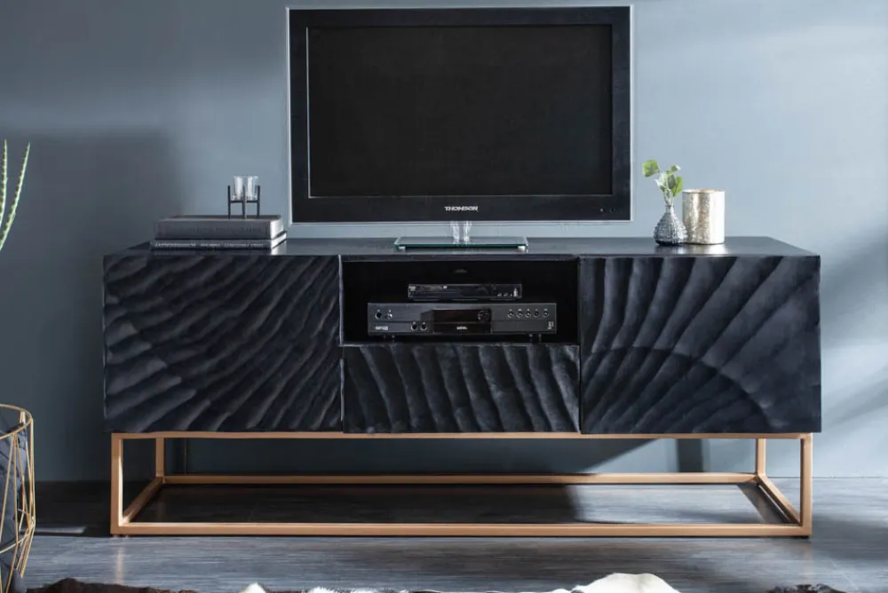 Riess-Ambiente Mehr...|Goldene Möbel > Massives TV-Lowboard SCORPION 160cm schwarz Mangoholz aufwendige 3D Schnitzereien