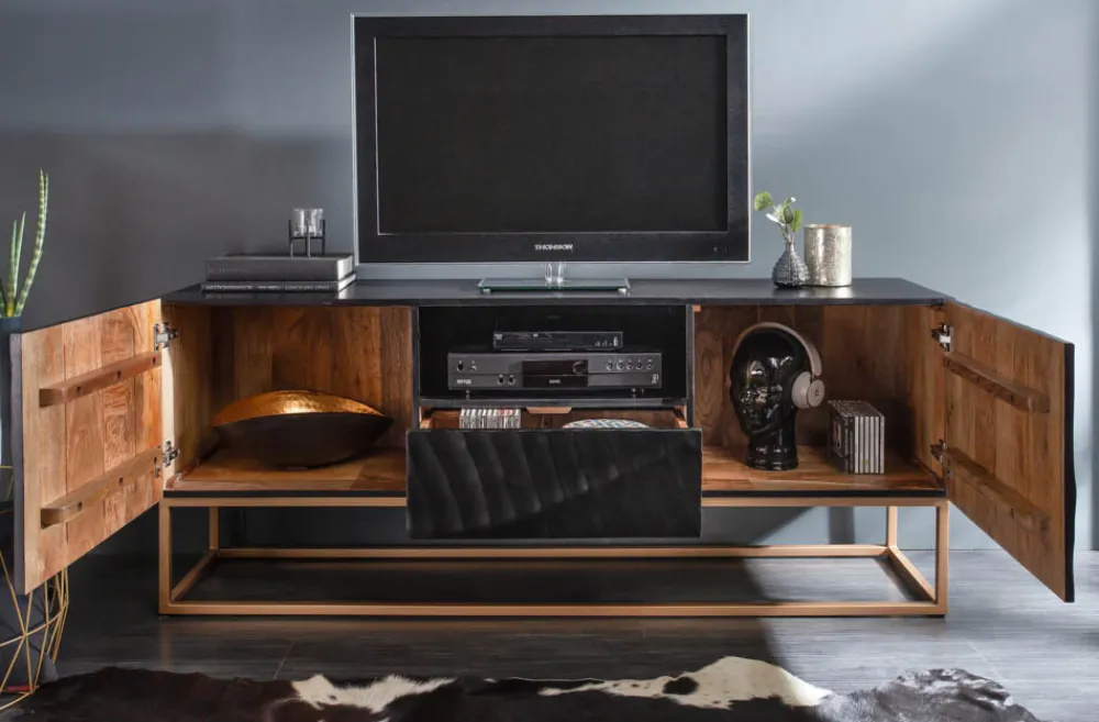 Riess-Ambiente Mehr...|Goldene Möbel > Massives TV-Lowboard SCORPION 160cm schwarz Mangoholz aufwendige 3D Schnitzereien