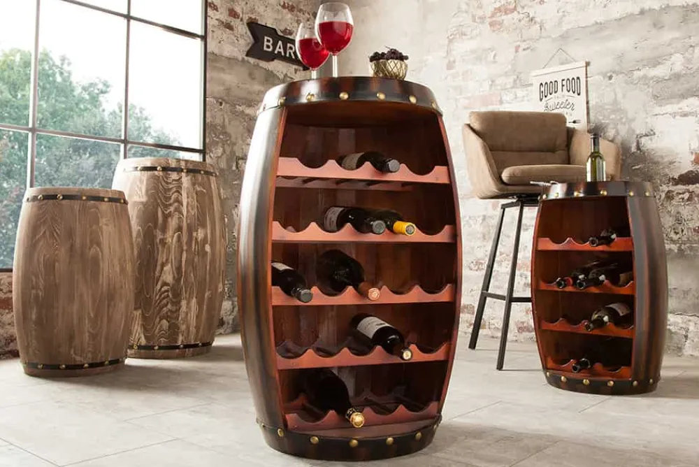 Riess-Ambiente Weinregale|Barschränke > Massives Weinregal BODEGA 80cm coffee braun Pinie Fass-Bartisch für 23 Flaschen