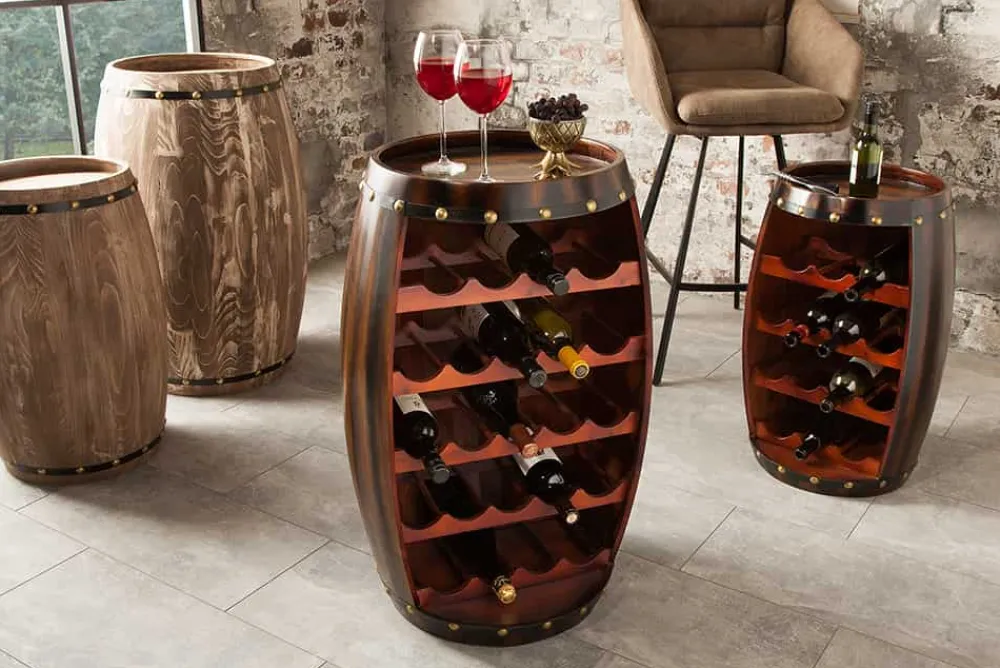 Riess-Ambiente Weinregale|Barschränke > Massives Weinregal BODEGA 80cm coffee braun Pinie Fass-Bartisch für 23 Flaschen