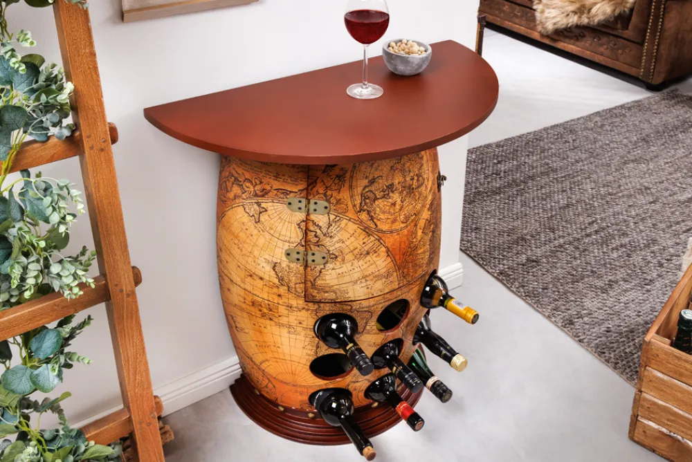 Riess-Ambiente Mehr...|Massivholzregale > Massives Weinregal SEVEN SEAS 80cm natur Pinienholz Weltkarte Weinfass Barschrank