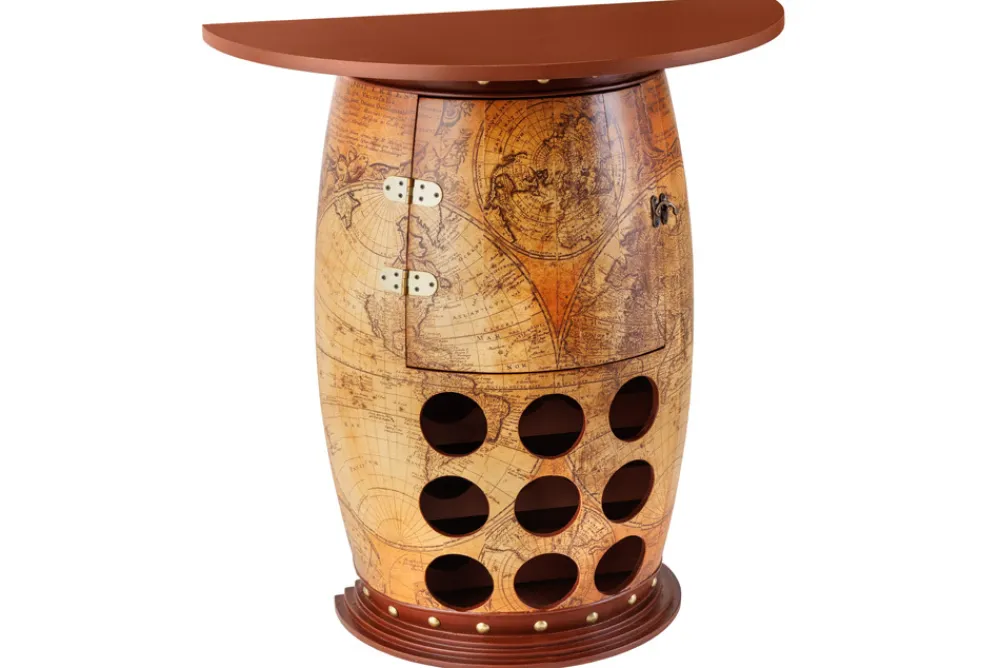Riess-Ambiente Mehr...|Massivholzregale > Massives Weinregal SEVEN SEAS 80cm natur Pinienholz Weltkarte Weinfass Barschrank