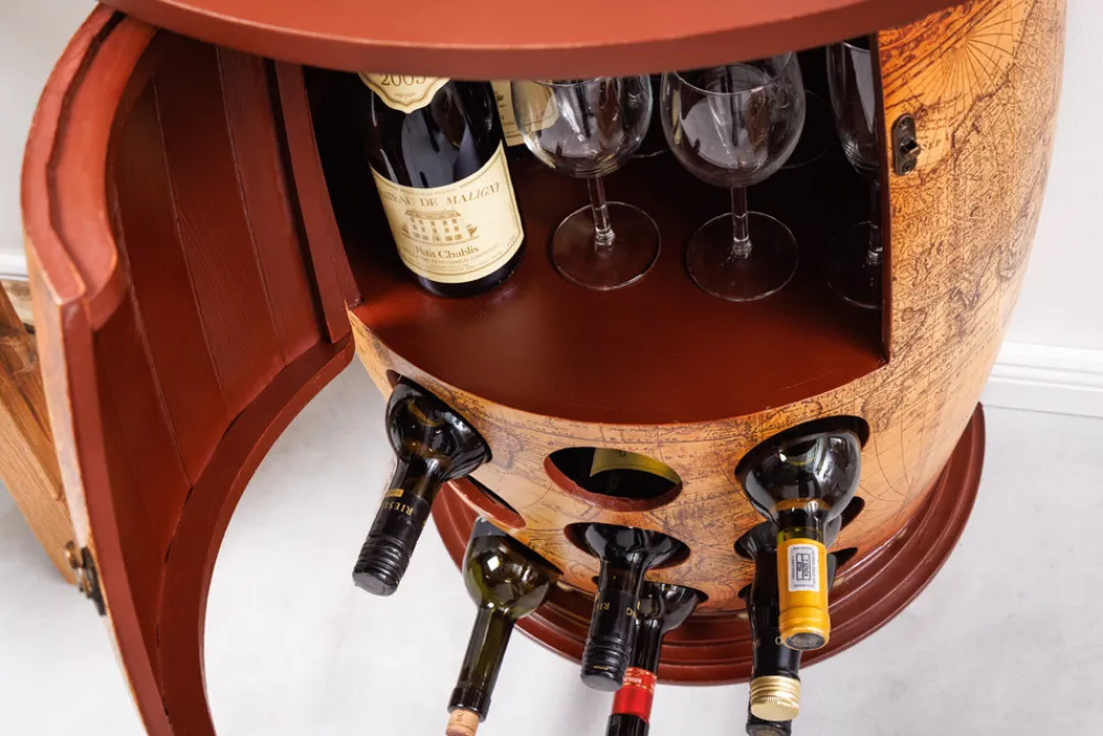 Riess-Ambiente Mehr...|Massivholzregale > Massives Weinregal SEVEN SEAS 80cm natur Pinienholz Weltkarte Weinfass Barschrank