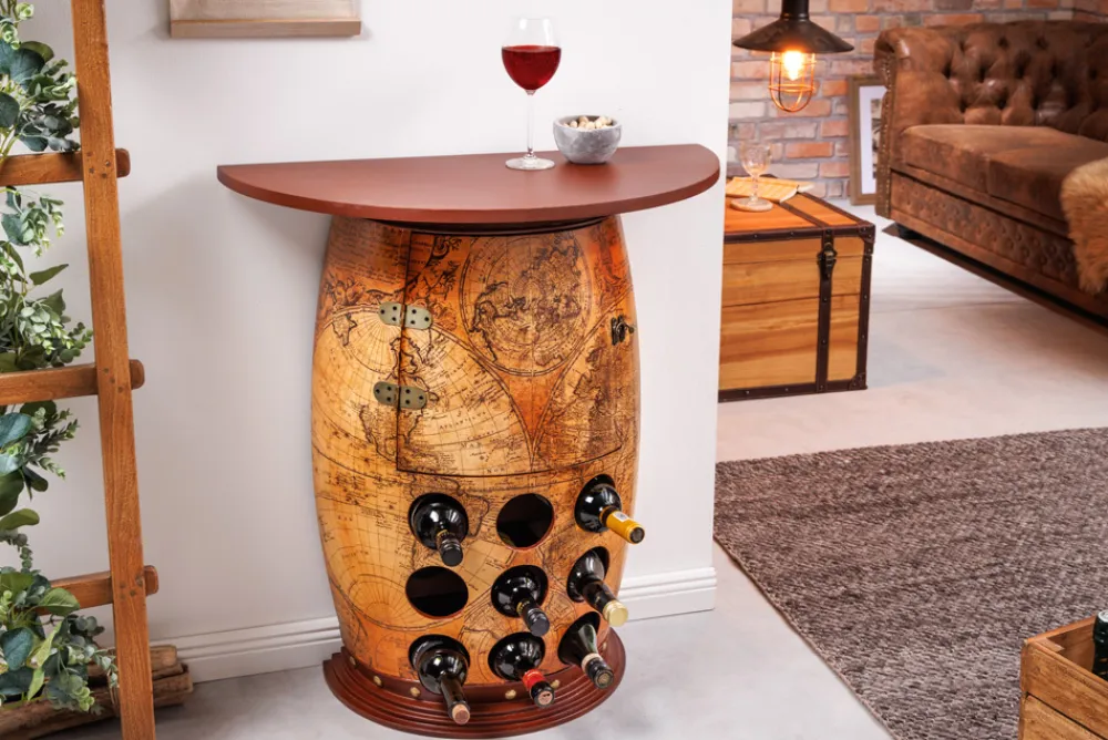 Riess-Ambiente Mehr...|Massivholzregale > Massives Weinregal SEVEN SEAS 80cm natur Pinienholz Weltkarte Weinfass Barschrank