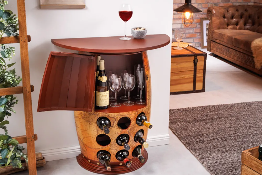 Riess-Ambiente Mehr...|Massivholzregale > Massives Weinregal SEVEN SEAS 80cm natur Pinienholz Weltkarte Weinfass Barschrank