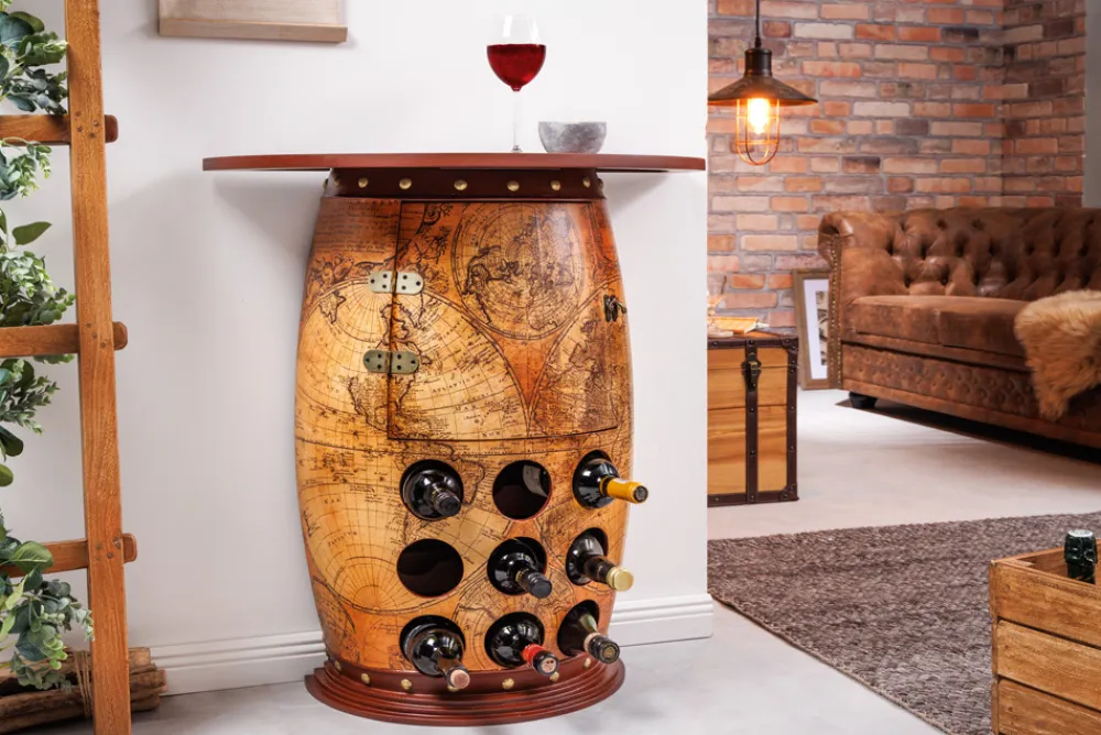 Riess-Ambiente Mehr...|Massivholzregale > Massives Weinregal SEVEN SEAS 80cm natur Pinienholz Weltkarte Weinfass Barschrank