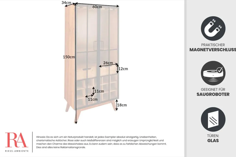 Riess-Ambiente Highboards|Industrial Loft > Massive Vitrine SEVEN SEAS 150cm natur Pinie Industrial-Türen Metall Barschrank