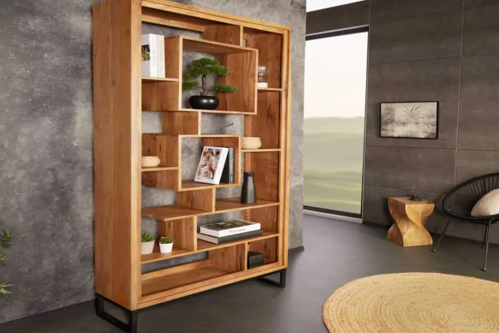 Riess-Ambiente Standregale > Massivholz Bücherregal CUBUS 190cm Akazie honey finish Metallfüße schwarz Standregal