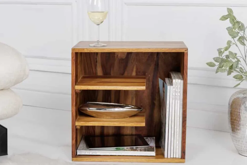 Riess-Ambiente Beistelltische|Mehr... > Massivholz Beistelltisch CUBUS 45cm braun Sheesham stone finish Regal Nachttisch