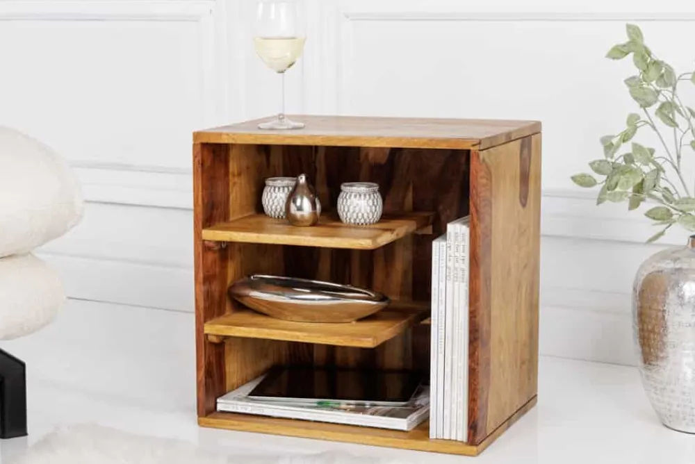 Riess-Ambiente Beistelltische|Mehr... > Massivholz Beistelltisch CUBUS 45cm braun Sheesham stone finish Regal Nachttisch