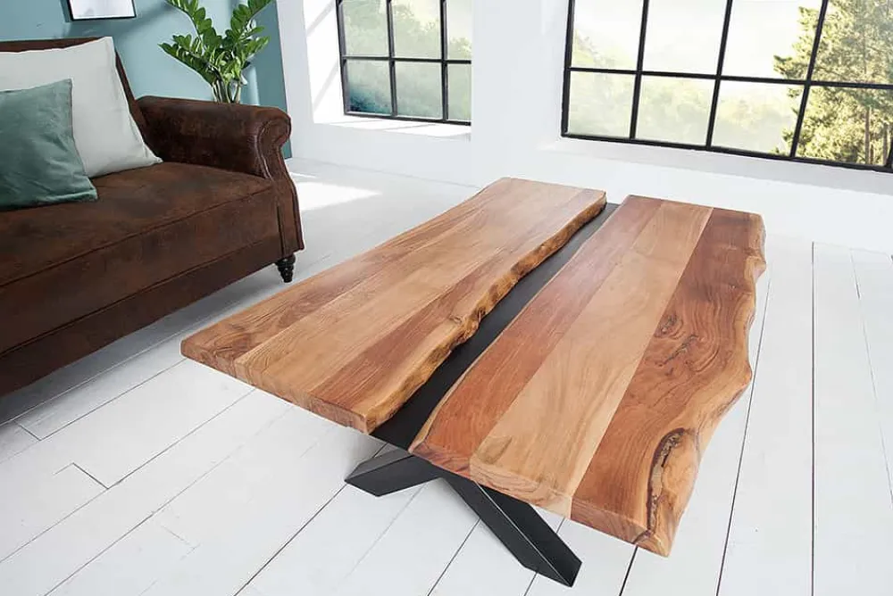 Riess-Ambiente Couchtische & Truhen|Mehr... > Massivholz Couchtisch AMAZONAS 105cm Akazie schwarzes Metall X-Gestell Baumkante Live Edge