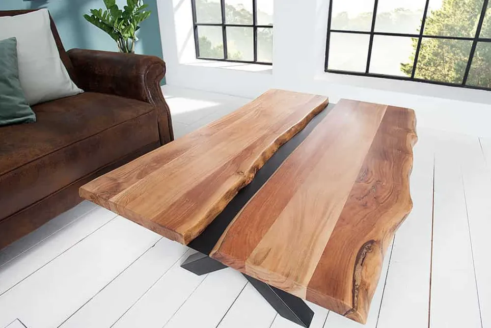Riess-Ambiente Couchtische & Truhen|Mehr... > Massivholz Couchtisch AMAZONAS 105cm Akazie schwarzes Metall X-Gestell Baumkante Live Edge