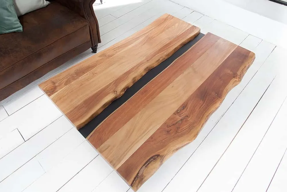Riess-Ambiente Couchtische & Truhen|Mehr... > Massivholz Couchtisch AMAZONAS 105cm Akazie schwarzes Metall X-Gestell Baumkante Live Edge