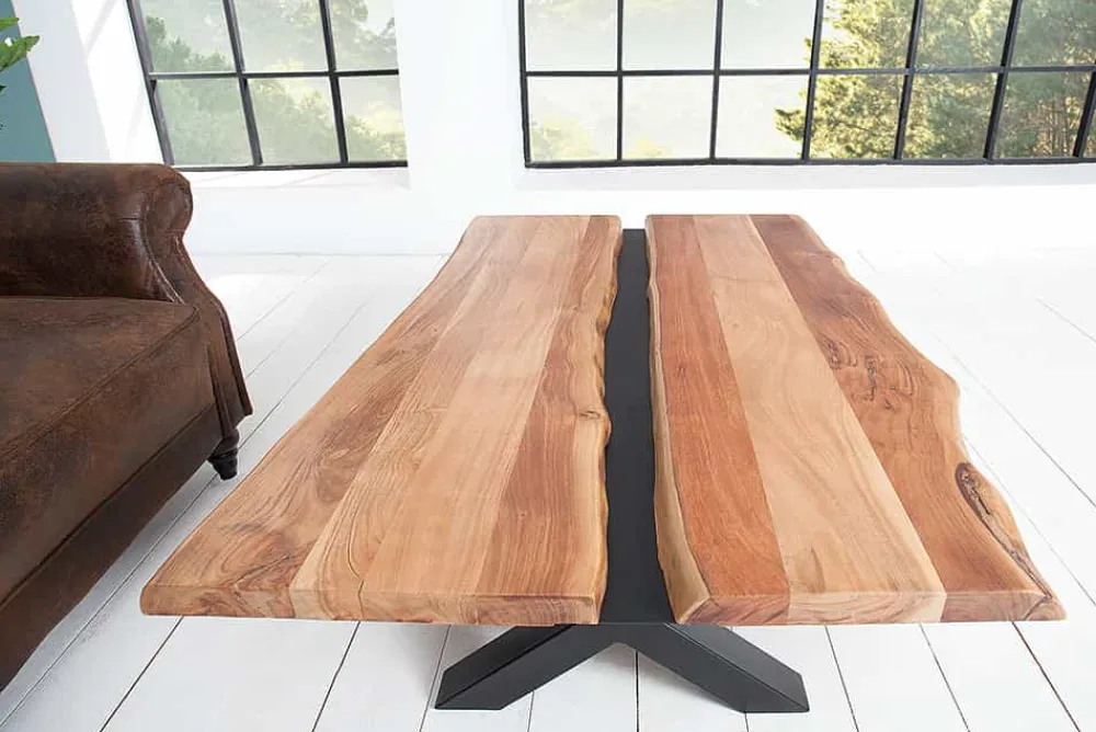 Riess-Ambiente Couchtische & Truhen|Mehr... > Massivholz Couchtisch AMAZONAS 105cm Akazie schwarzes Metall X-Gestell Baumkante Live Edge