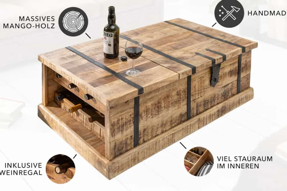 Riess-Ambiente Mehr...|Couchtische > Massivholz Couchtisch BODEGA 100cm Mangoholz Hausbar Truhe mit Stauraum