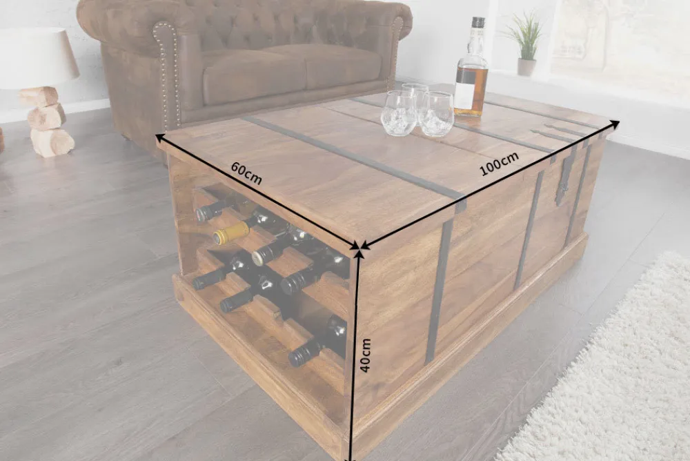 Riess-Ambiente Couchtische & Truhen|Mehr... > Massivholz Couchtisch BODEGA 100cm braun Sheesham stone finish Truhe Stauraum Weinregal