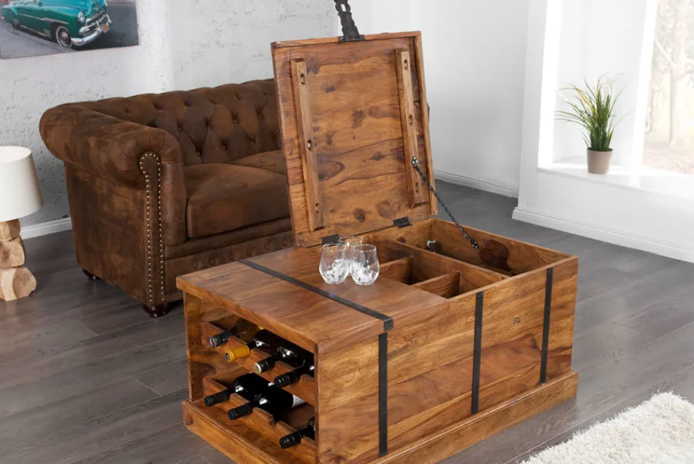 Riess-Ambiente Couchtische & Truhen|Mehr... > Massivholz Couchtisch BODEGA 100cm braun Sheesham stone finish Truhe Stauraum Weinregal