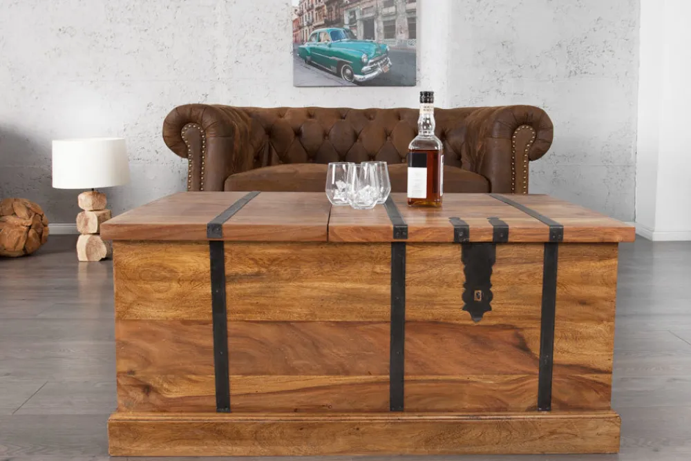 Riess-Ambiente Couchtische & Truhen|Mehr... > Massivholz Couchtisch BODEGA 100cm braun Sheesham stone finish Truhe Stauraum Weinregal