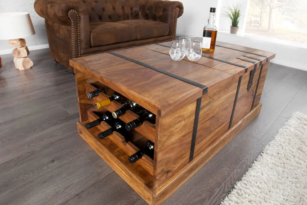 Riess-Ambiente Couchtische & Truhen|Mehr... > Massivholz Couchtisch BODEGA 100cm braun Sheesham stone finish Truhe Stauraum Weinregal