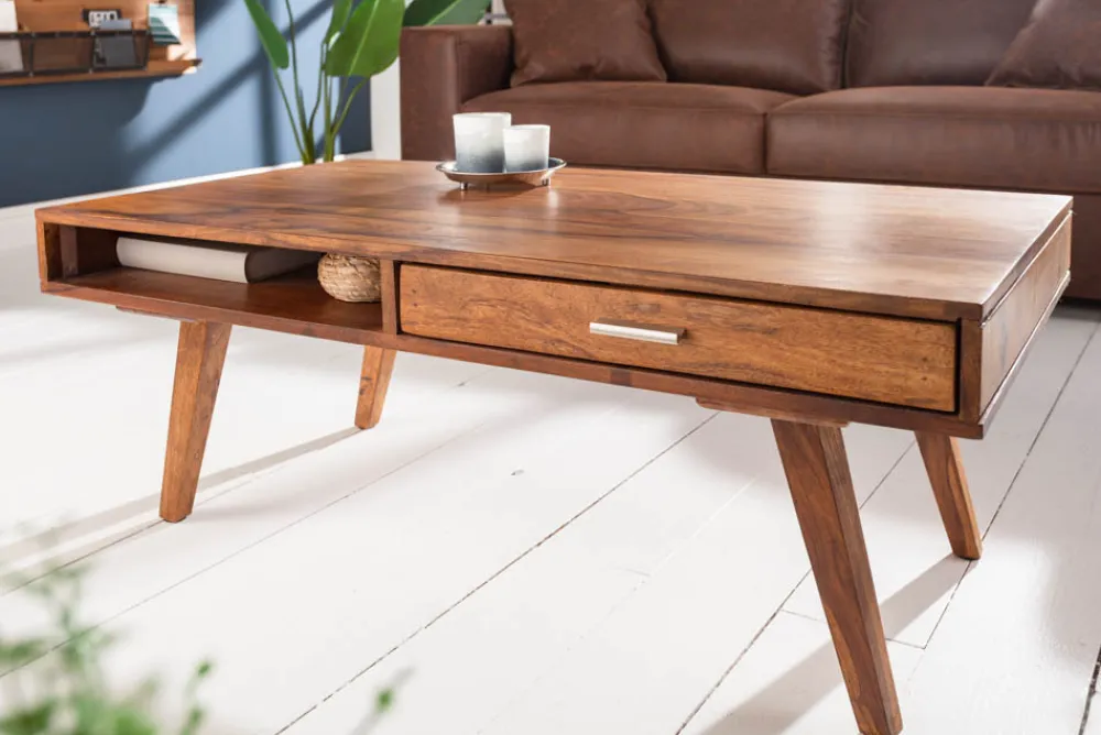 Riess-Ambiente Couchtische & Truhen|Mehr... > Massivholz Couchtisch RETRO 100cm braun Sheesham stone finish Schubladen handmade