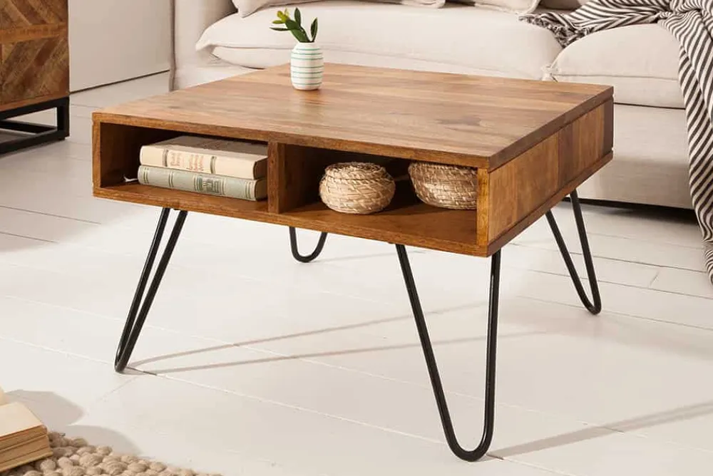Riess-Ambiente Couchtische & Truhen|Industrial Loft > Massivholz Couchtisch SCORPION 60cm braun Sheesham stone finish Stauraum Hairpin Legs