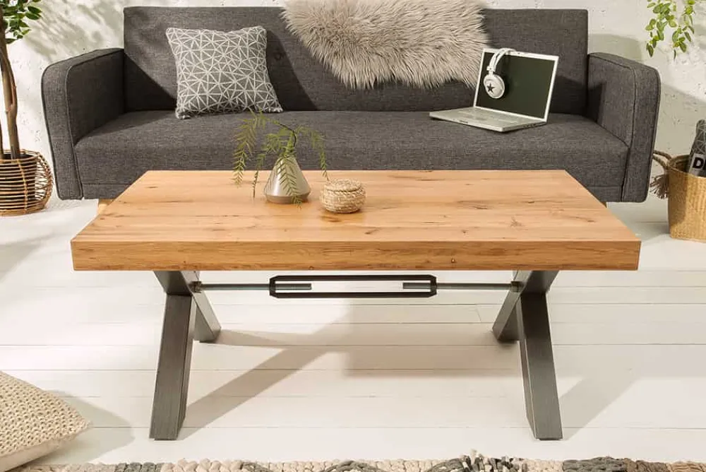 Riess-Ambiente Mehr...|Couchtische > Massivholz Couchtisch THOR 110cm Wildeiche geölt X-Gestell Metall anthrazit Industrial Design