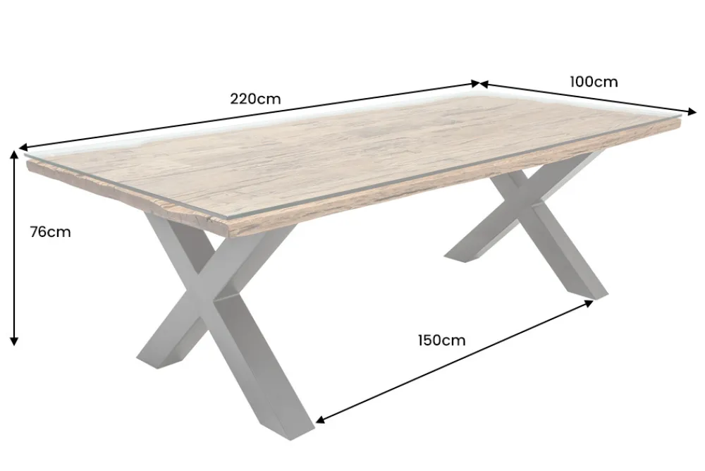 Riess-Ambiente Mehr...|Massivholzesstische > Massivholz Esstisch BARRACUDA 220cm natur Teak schwarz Metall X-Gestell inkl. Glasplatte