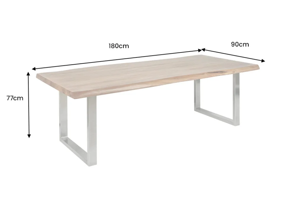 Riess-Ambiente Mehr...|Massivholzesstische > Massivholz Esstisch MAMMUT 180cm Akazie U-Gestell Edelstahl Baumkante 6cm Tischplatte