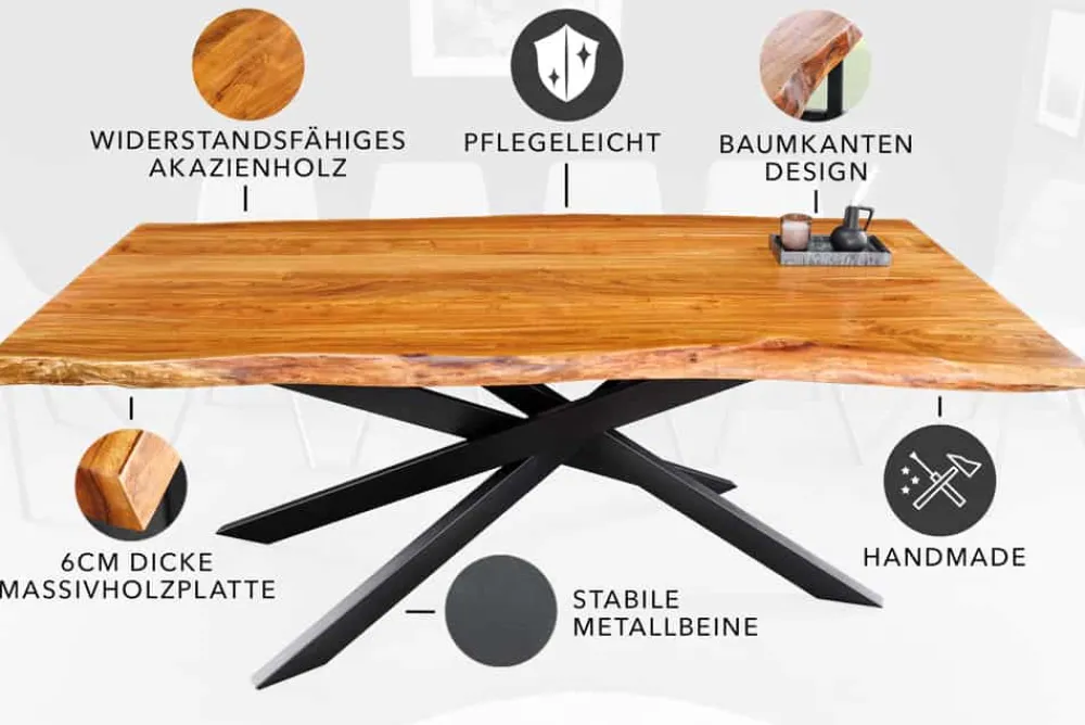 Riess-Ambiente Mehr...|Massivholzesstische > Massivholz Esstisch MAMMUT 200cm Akazie schwarz Metall Baumkante 6cm Tischplatte