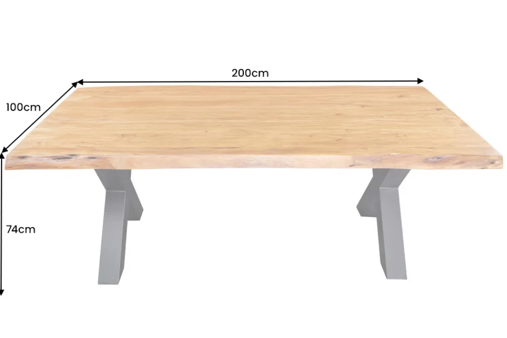 Riess-Ambiente Mehr...|Massivholzesstische > Massivholz Esstisch MAMMUT 200cm Akazie X-Gestell schwarz Metall Baumkante 5cm Tischplatte
