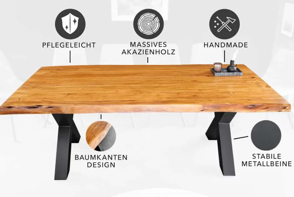 Riess-Ambiente Mehr...|Massivholzesstische > Massivholz Esstisch MAMMUT 200cm Akazie X-Gestell schwarz Metall Baumkante 5cm Tischplatte