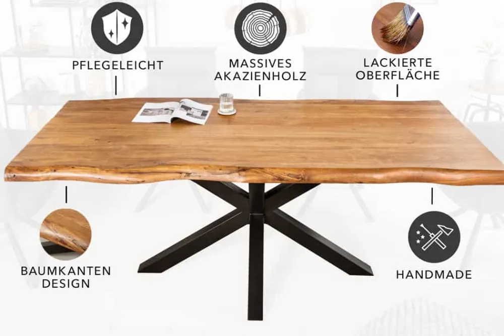 Riess-Ambiente Esstische|Mehr... > Massivholz Esstisch MAMMUT NATURE 220cm Akazie Metallgestell schwarz Baumkante 6cm Tischplatte