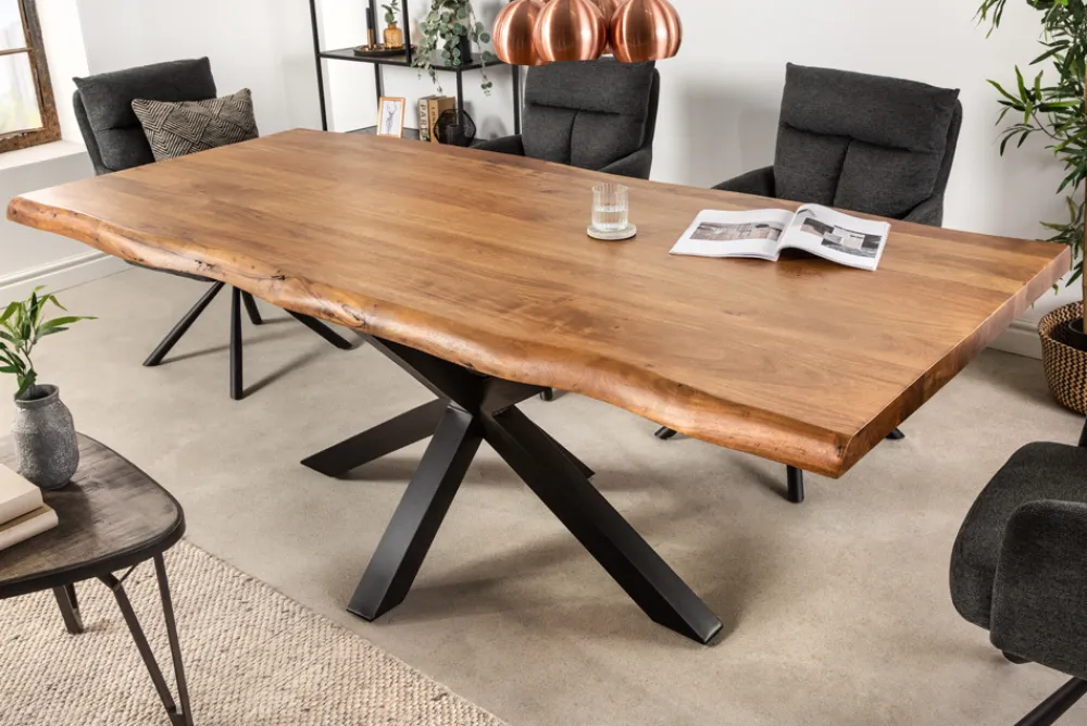 Riess-Ambiente Esstische|Mehr... > Massivholz Esstisch MAMMUT NATURE 220cm Akazie Metallgestell schwarz Baumkante 6cm Tischplatte